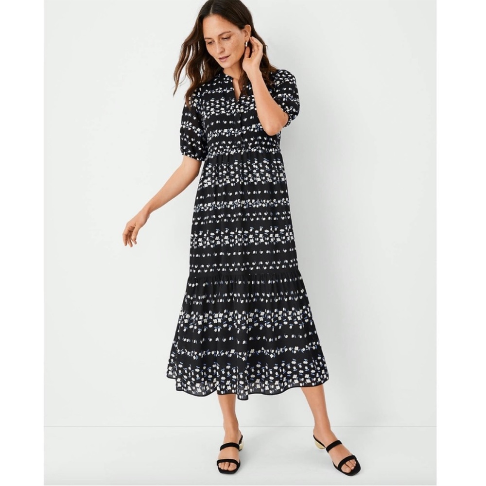 Ann Taylor Floral Chain Tiered Midi Shirtdress Black Size Small
